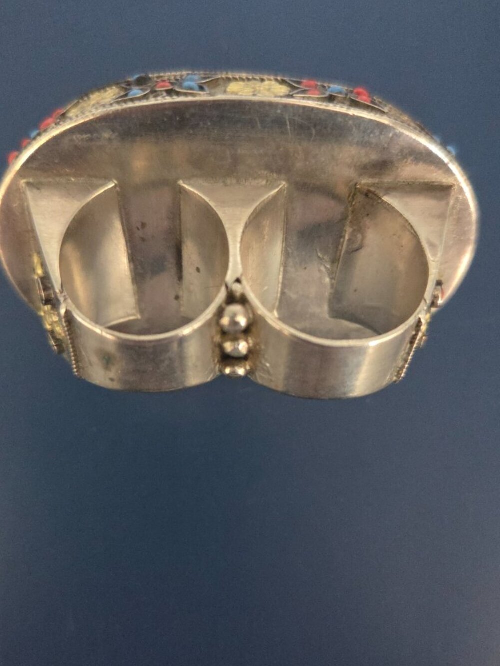 Vintage Turkmen Double Finger Ring Central Asian Tribal Silver Turquoise Coral - Picture 6 of 13